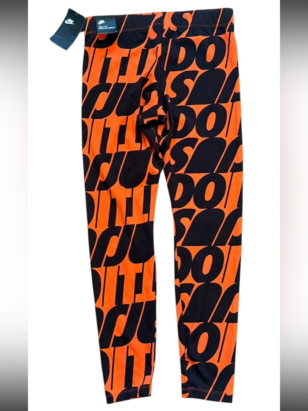 Nike Black and Orange Graphic Logo Leggings Tight Fit Reg Length size Small NWT